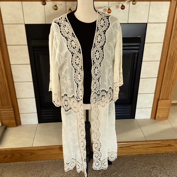 Tops - Crochet Open Weave Detail Longline Kimono, One Size Fits Most